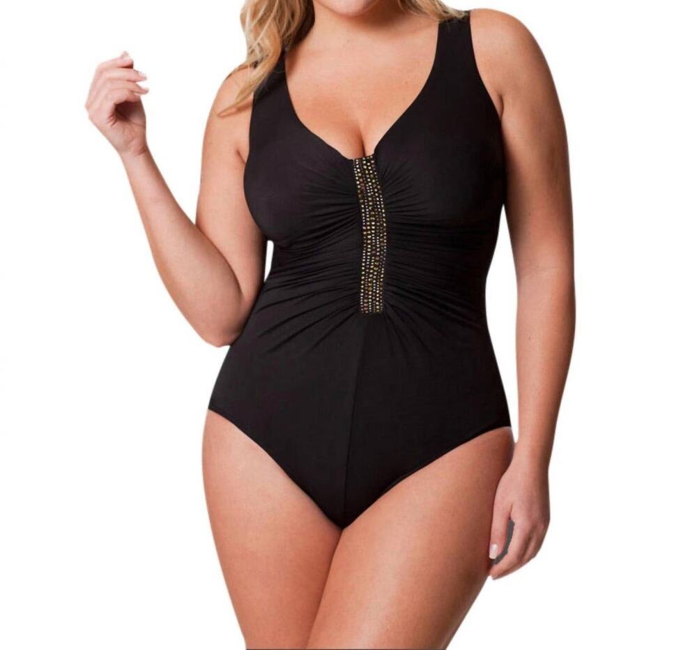Vintage Miraclesuit Jewel Box One Piece Swimsuit Size 18W Black Beaded Detailing